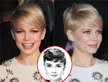 Tuy đã trải qua nhiều thập kỷ nhưng kiểu tóc ngắn của Audrey Hepburn vẫn mang tới cái nhìn thanh lịch và sang trọng. Nữ diễn viên trẻ Michelle Williams hoàn toàn quyến rũ và tự tin khi để kiểu tóc ngôi lệch với phần trên được đánh hơi phồng. Với kiểu tóc này bạn có thể kết hợp với phong cách trang điểm nhẹ nhàng.