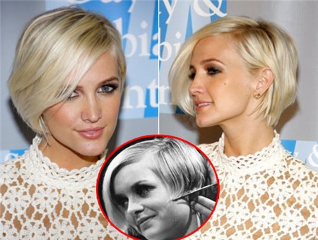 Nữ ca sĩ người Mỹ Ashlee Simpson đã khá thành công khi mô phỏng kiểu tóc Twiggy của những năm 1960. Kiểu tóc retro cho tóc bob thẳng rất dễ dàng cho bạn kết hợp trang phục cũng như cách trang điểm. Để có được kiểu tóc hoàn thiện này bạn chỉ cần lấy một phần lớn tóc mái sau đó sấy phồng, để tạo sự duyên dáng bạn có thể gài phần tóc còn lại vào tai.