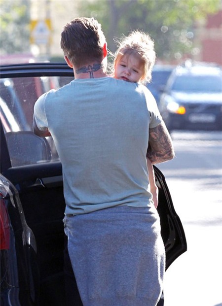 Harper có vẻ buồn ngủ, gục đầu nằm im trên vai bố.