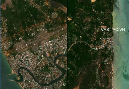 Bức ảnh vệ tinh VNREDSat-1 chụp tại bờ đông và bờ tây của đảo Phú Quốc, Việt Nam. VNREDSat-1 vào vũ trụ ngày 7/5 với sự giúp đỡ của Pháp. Đây là một trong những bức ảnh đầu tiên mà vệ tinh truyền về trái đất. Ảnh: Vast.ac.
