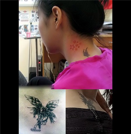 Thủy Tiên sở hữu nhiều hình xăm như dải ngôi sao sau gáy và một thiên thần nhỏ dưới thắt lưng.