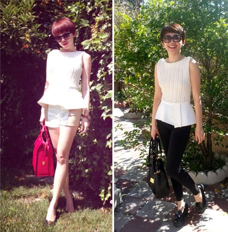 Với cùng một chiếc áo dáng peplum (có phần hông xòe),