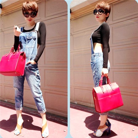 Cô nàng cũng cập nhật xu hướng quần yếm xắn gấu cực hot và mix ấn tượng cùng crop-top đen dài tay.