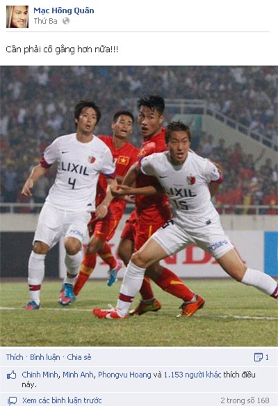 Mạc Hồng Quân tự động viên mình sau trận đấu không thành công với Kashima Antlers.