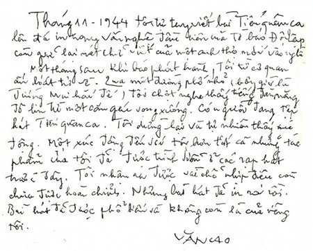 Bút tích của nhạc sĩ Văn Cao chia sẻ về ca khúc
