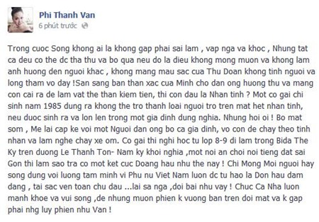 	Những dòng nhắn gửi mà Phi Thanh Vân dành cho 