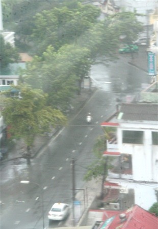 Những hàng cây nghiêng rạp vì gió lớn (ảnh chụp trên đường Lê Lợi vào 9h30' sáng 30/9)