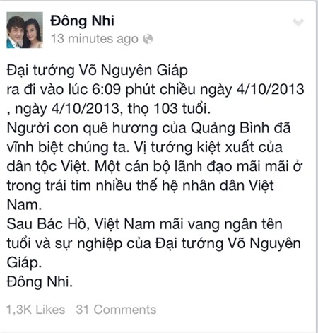 Sao Việt bùi ngùi chia sẻ về tin Đại tướng Võ Nguyên Giáp từ trần | đại tướng Võ Nguyên Giáp qua đời,đại tướng Võ Nguyên Giáp từ trần,đại tướng Võ Nguyên Giáp