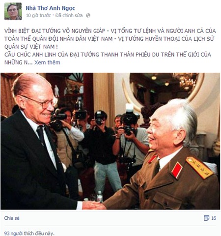 Những dòng chia sẻ đầy xúc động của nhà thơ Anh Ngọc về Đại tướng Võ Nguyên Giáp