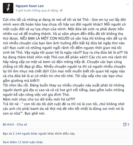 Xuân Lan: 'Muốn biết cha đứa bé là ai, cứ nhắn tin cho tôi' | Xuân Lan,siêu mẫu Xuân Lan,Bé Thỏ con xuân lan,Xuân Lan cha bé Thỏ