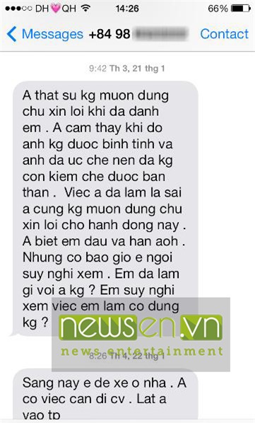 Đoạn tin nhắn được cho là của ông Chinh - chồng cũ iễm Hương gửi cho cô sau khi ra tay đánh đập