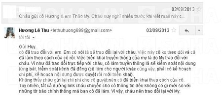 Các email trao đổi về chuyện tiền nong của H.T với Thảo My và mẹ nữ ca sỹ.