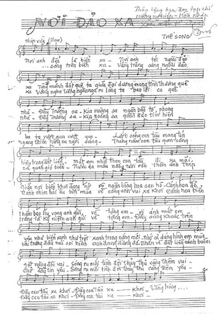 Bản viết tay ca khúc Nơi đảo xa của nhạc sĩ Thế Song.