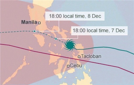 Dự báo chiều tối 8-12 bão sẽ vào Manila.