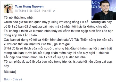 Tuấn Hưng cấm cửa facebook với Võ Tắc Thiên "rởm"