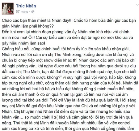 Trúc Nhân nhận lỗi về việc phủ nhận sự dìu dắt của Thu Minh