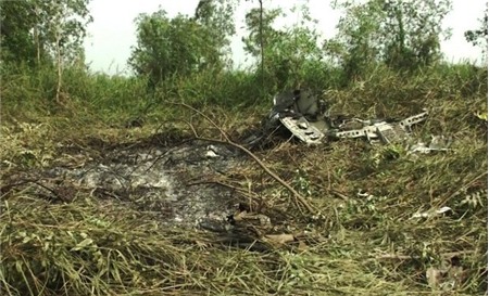 Cây cỏ xung quanh trực thăng rơi cháy rụi