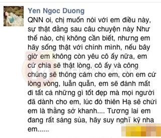 Dòng chia sẻ trên Facebook từ cựu người mẫu Dương Yến Ngọc.