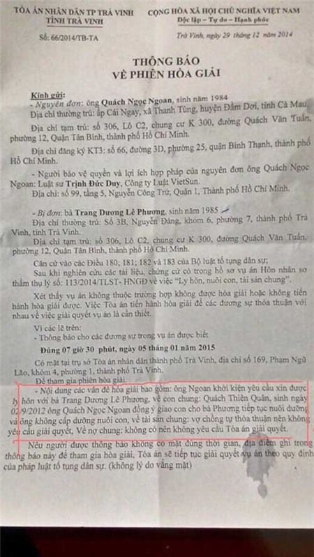Sau khi rút đơn ly hôn, Quách Ngọc Ngoan tự mình đi nộp lại đơn lên tòa án với nội dung sẽ đồng ý giao con cho vợ cũ nuôi dưỡng và không cấp dưỡng cho con.