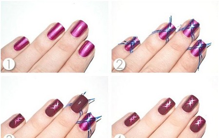 Cách 3. Dễ thực hiện hơn cả 2 cách trên, bạn chỉ cần dán 4 sợi dây băng keo chéo qua móng tay như hình hướng dẫn sau khi đã sơn 1 lớp phủ đầu tiên. Phủ thêm 1 lớp sơn đậm màu hơn lớp đầu lên toàn bộ móng tay, kể cả phần dây băng keo.