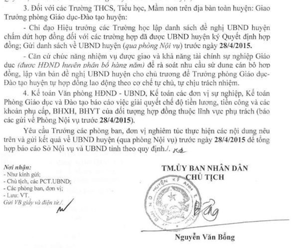 Văn bản số 570/ UBND-NV yêu cầu các trường lập danh sách những giáo viên, nhân viên đã được ký hợp đồng trước đó để gửi lên huyện để chấm dứt hợp đồng.