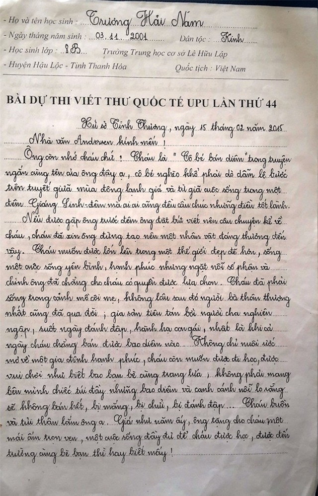 Trang đầu của bức thư “Gửi nhà văn Andersen” do Nam viết đạt giải nhất cuộc thi. Ảnh: Nhà trường cung cấp.