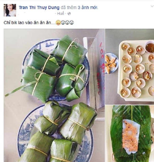 Bức ảnh về những món đặc sản Huế được Thùy Dung chụp lại và đăng lên trang cá nhân bữa trưa hôm đó với dòng chú thích: Chỉ biết lao vào ăn ăn ăn.