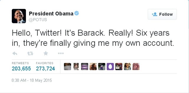 Tổng thống Obama gia nhập Twitter với lời nhắn đầu tiên. Ảnh: Twitter
