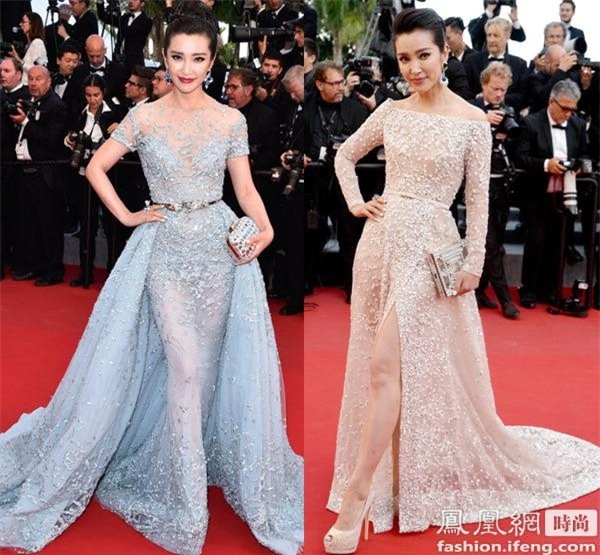 Khi đặt tấm ảnh Lý Băng Băng dự Cannes vào ngày 16/5 (trái) cạnh hình ảnh ngày 17/5, sự tương đồng về kiểu trang phục là rất lớn. “Chỉ khác có đôi giày”, Cri bình luận.