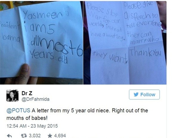 Tổng thống Obama phản hồi thư ủng hộ hôn nhân đồng giới của bé gái 5 tuổi