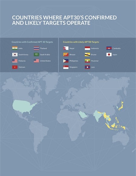 Bản đồ các quốc gia mà APT30 nhắm đến, trong đó chủ yếu là khu vực Đông Nam Á