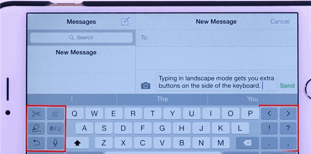 Nếu đang dùng iPhone 6 Plus, hãy đặt máy nằm ngang khi nhắn tin để có thể sử dụng các tổ hợp và các công cụ hỗ trợ gõ phím. Người dùng có thể thao tác nhanh với các nút cắt, dán văn bản, định dạng kiểu chữ hay chèn dấu câu mà không phải chuyển đổi sang bàn phím ký tự.