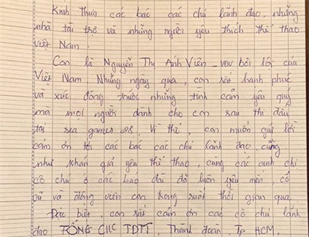 Thư viết tay của Ánh Viên gửi đến người hâm mộ