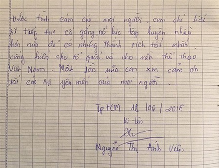 Thư viết tay của Ánh Viên gửi đến người hâm mộ