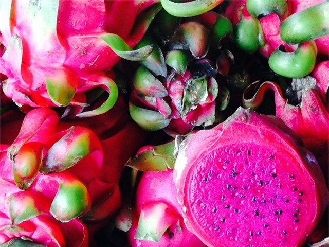 Thanh long ruột tím hồng cũng xuống phố với giá 5.000 đồng/kg trước đây là 30.000 đồng/kg