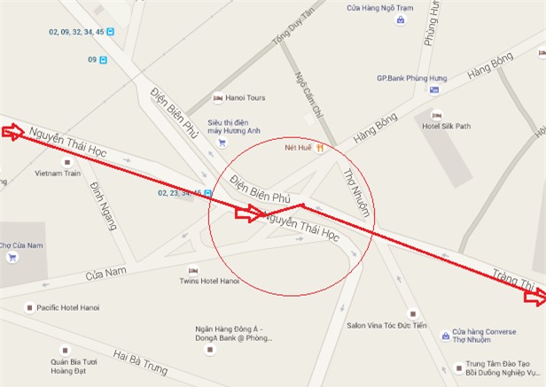 phố Nguyễn Thái Học sẽ tiến về ngã 7 Cửa Nam vào phố Tràng Thi