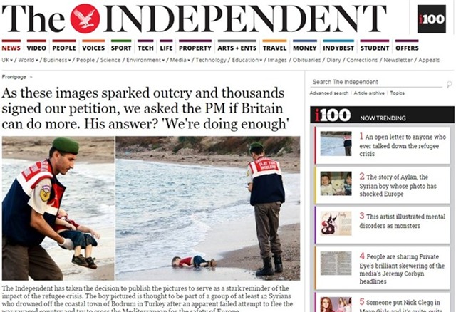The Independent, một trong những tờ báo lớn của nước Anh, không làm mờ ảnh của bé trai trong bài báo. Ảnh chụp màn hình