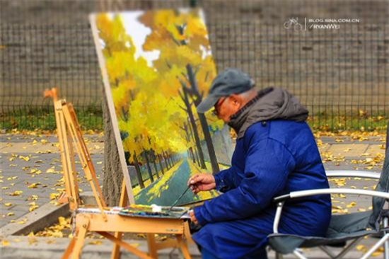 Bạn có thể ngồi xe bus 300, 830, 402 ... đến trạm Nongzhanguan hoặc 302lu, 300lu đến Liangmaqiao, 113lu, 758lu, 416lu đến trạm Sanlitun để tới đây ngắm lá vàng. Ảnh: Baike