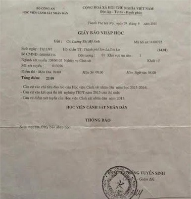 Giấy báo nhập học của thí sinh Lường Thị Mỹ Anh