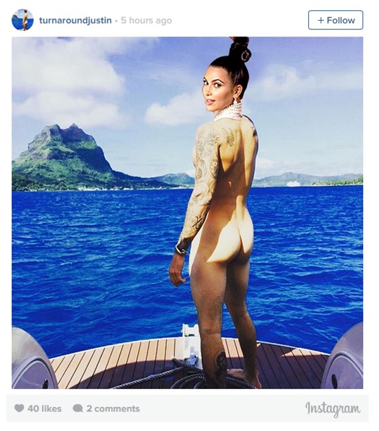  Last night, Justin Bieber gave Instagrammers a belated Canada Day gift: his right and left butt cheeks. While vacationing in Bora Bora, Bieber tossed his Calvins and flashed his backside to a few friends on a boat, and then a few million more on Instagram. Beliebers quickly took note and began furiously altering the photo into hundreds of different memes. From a supersize butt to a Kim Kardashian #breaktheinternet–inspired edit, these are the best Justin Bieber butt memes floating around social media. 