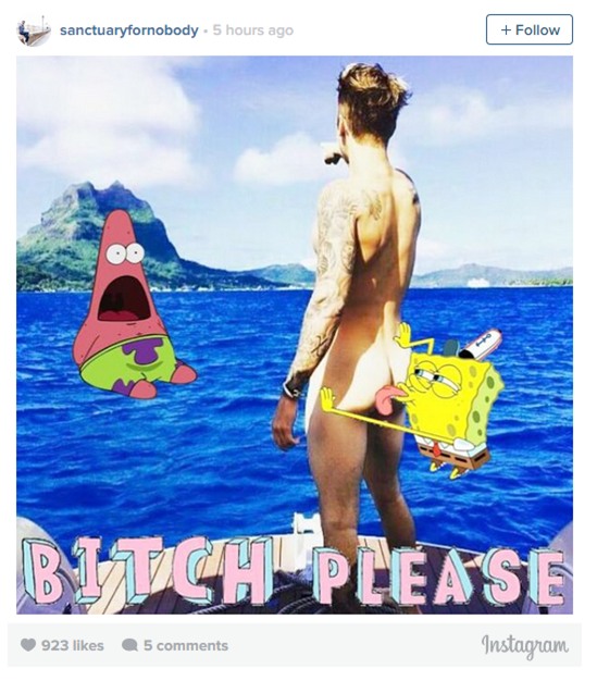  Last night, Justin Bieber gave Instagrammers a belated Canada Day gift: his right and left butt cheeks. While vacationing in Bora Bora, Bieber tossed his Calvins and flashed his backside to a few friends on a boat, and then a few million more on Instagram. Beliebers quickly took note and began furiously altering the photo into hundreds of different memes. From a supersize butt to a Kim Kardashian #breaktheinternet–inspired edit, these are the best Justin Bieber butt memes floating around social media. 