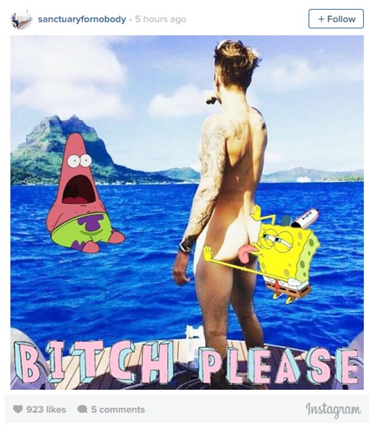 Last night, Justin Bieber gave Instagrammers a belated Canada Day gift: his right and left butt cheeks. While vacationing in Bora Bora, Bieber tossed his Calvins and flashed his backside to a few friends on a boat, and then a few million more on Instagram. Beliebers quickly took note and began furiously altering the photo into hundreds of different memes. From a supersize butt to a Kim Kardashian #breaktheinternet–inspired edit, these are the best Justin Bieber butt memes floating around social media.