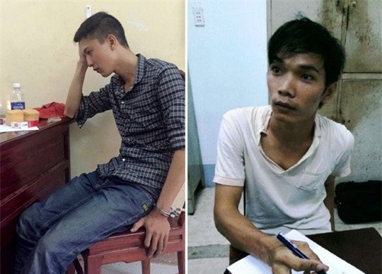 Hai bị can gây ra thảm án giết 6 người ở Bình Phước, gồm Nguyễn Hải Dương (trái) và Vũ Văn Tiến tại cơ quan công an.