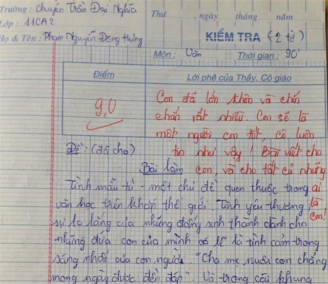 Bài văn của Đông Hưng được cô giáo cho 9 điểm.