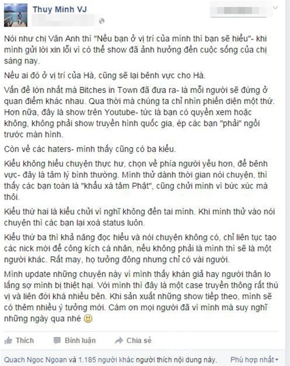 MC Thùy Minh xin lỗi vợ đại gia K vẫn bênh Hà Hồ không ngớt 0