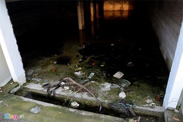 
Khu vực hầm các biệt thự ngập nước nặng kèm theo rác thải do đọng nước mưa nhiều ngày, bốc mùi hôi thối.
