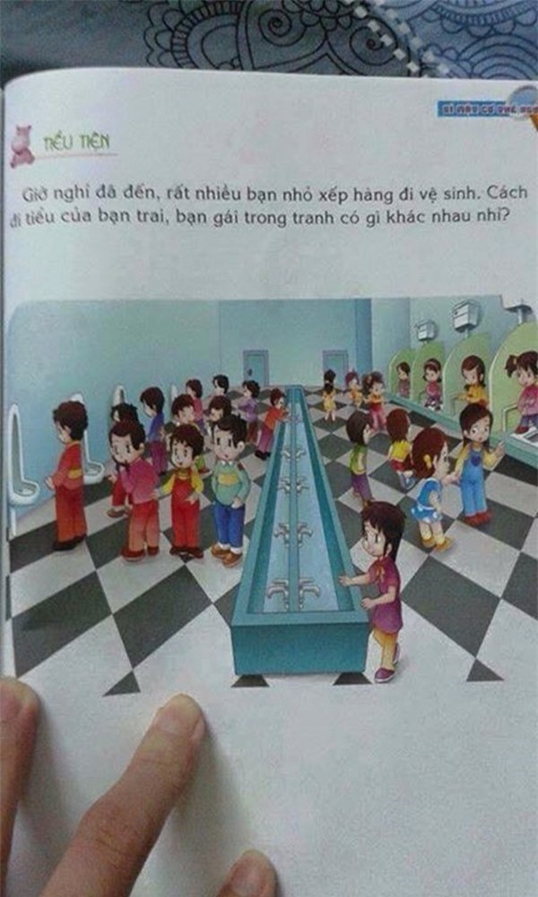 Trang sách “Giáo dục giới tính cho trẻ em” có ảnh minh họa nhà vệ sinh nam - nữ chung nhau. Ảnh: TL