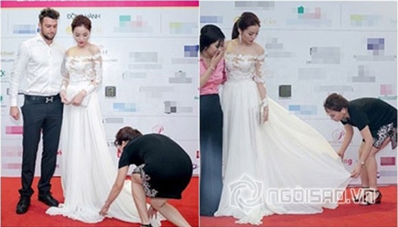 Kỳ Duyên gây tranh cãi khi để mẹ cúi gập người chỉnh váy 3