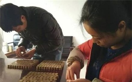 Các nhân viên khổ sở đếm và sắp xếp số tiền xu của vị khách
