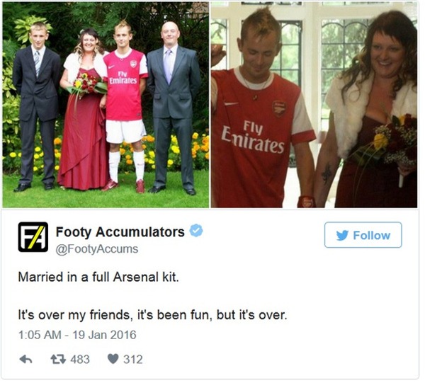 Chú rể mặc nguyên trang phục thi đấu của Arsenal trong ngày cưới - Ảnh 2.